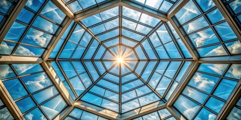 a sun-drenched skylight with a geometric pattern of glass panes, framing a view of puffy white cloud