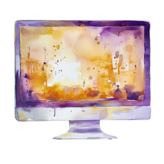 Wall Mural - a watercolor painting depicts a computer monitor displaying an abstract image with shades of purple 