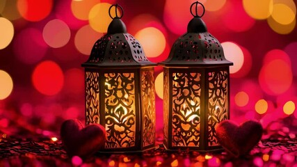 Wall Mural - beautifully crafted decorative lanterns with warm glow on sparkling red background for romantic and 