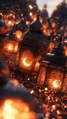 Wall Mural - intricately designed lanterns illuminating night with warm glow and sparkling dust particles for enc