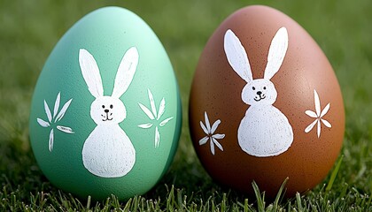 Wall Mural - Colorful Easter Eggs with Bunny Designs on Lush Green Grass