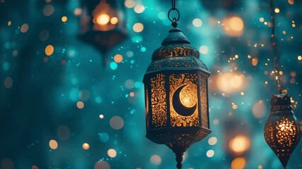 Wall Mural - elegant decorative lanterns hanging against a colorful blurred background with twinkling lights and 