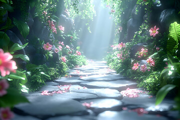 Wall Mural - Enchanted Stone Path Through a Lush Floral Forest