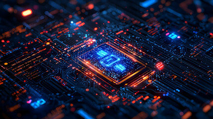 Wall Mural - abstract close-up of a glowing microchip surrounded by colorful circuit patterns