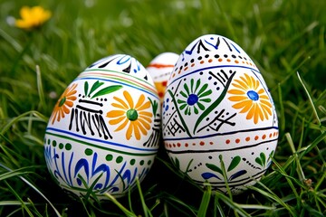 Wall Mural - Colorful Decorative Easter Eggs on Fresh Green Grass Background