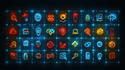 Neon Grid Displays Diverse Digital Icons and Symbols