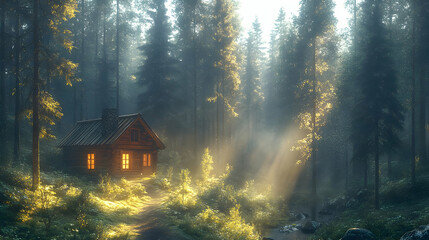 Wall Mural - Enchanted Forest Cabin: Golden Light and Magical Glow