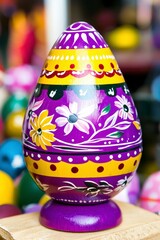 Vibrant Hand-painted Purple Easter Egg on Stand with Floral Design