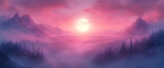 Wall Mural - Pink and Purple Sunset Over Misty Mountains