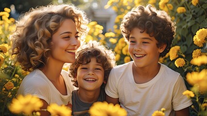 Joyful Mother and Her Young Son Enjoying a Garden Full of Flowers