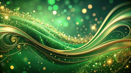 Wall Mural - Abstract Green and Gold Swirling Pattern with Glittering Bokeh