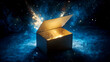 © graphic_titan - Mysterious open box glowing with magical golden light and sparks against a dark blue background creating an atmosphere of wonder and anticipation