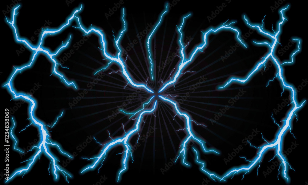 Bright blue lightning bolts radiate against dark background, creating ...