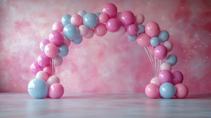 A colorful balloon arch with pink and blue balloons against a soft background.