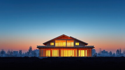 Wall Mural - Modern wooden house illuminated at dusk, surrounded by a tranquil landscape and colorful sky