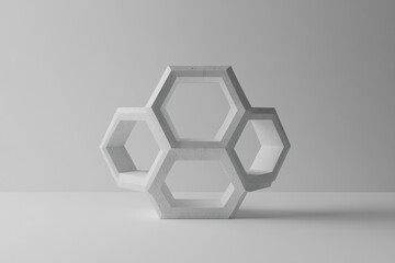 Poster - Modern decorative shelf design featuring six geometric hexagons in a minimalistic room. Generative AI