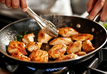 Cooking tender chicken pieces in a skillet on the stove