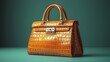 © mlangsen - Orange leather handbag on teal backdrop