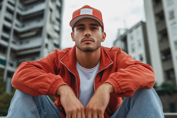 young man in casual red outfit sitting on urban rooftop against city backdrop with modern buildings 