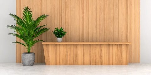 Wall Mural - Minimalist Interior With Wooden Bench And Potted Plants