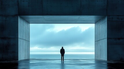 Wall Mural - A solitary figure stands in a modern architectural space, gazing at the ocean under a cloudy sky