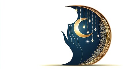 Poster - Ramadan brings unity and purity Prayer and charity and the crescent symbolize its spirit. Elegant Design of Moon and Hand with Starry Accents