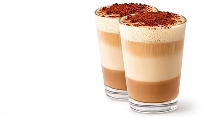 Two Layered Coffee Drinks with Cocoa Topping on White Background