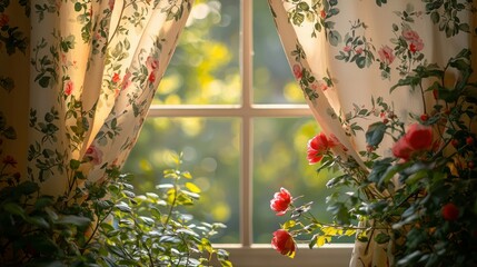 Wall Mural - Rose bushes by sunny window with floral curtains