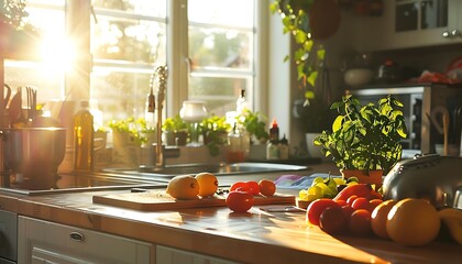 Wall Mural - Vegetables and olive oil on the table in the kitchen.