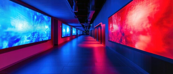 Wall Mural - modern indoor corridor with large digital screens displaying abstract blue and red patterns, illumin