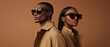 © Fernando - Stylish African American man and woman wearing sunglasses and trench coats, posing back to back in a studio setting Concept of fashion, elegance, and modern style
