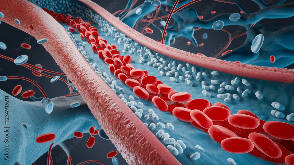 Microscopic view of red blood cells flowing through a vessel. Stock ...