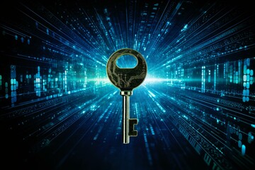 Wall Mural - golden key with electronic circuits unlocking digital cyberspace, symbolizing cybersecurity, data pr