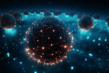 Wall Mural - futuristic spheres with glowing lines and nodes creating a network in outer space, representing glob