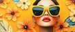 © Fernando - Stylish woman with yellow sunglasses and red lips surrounded by orange flowers on a vibrant yellow background Concept of summer, fashion, beauty, and floral design