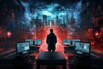 Wall Mural - hacker standing in futuristic control room with multiple computer monitors and holographic projectio