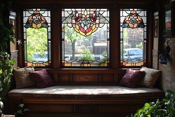 Wall Mural - Stained Glass Window Illuminates Cozy Window Seat