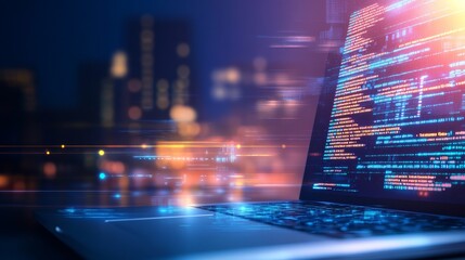 A laptop displaying vibrant code at night, with a city skyline illuminated in the background