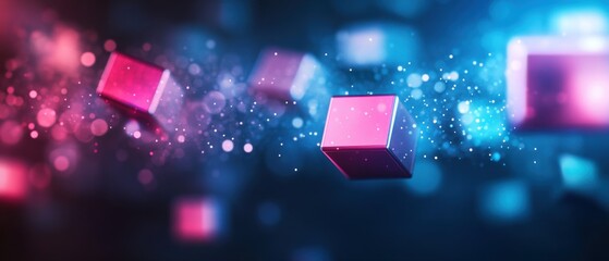 Wall Mural - abstract 3d pink and blue cubes floating with bokeh lights and particles in a dark background concep