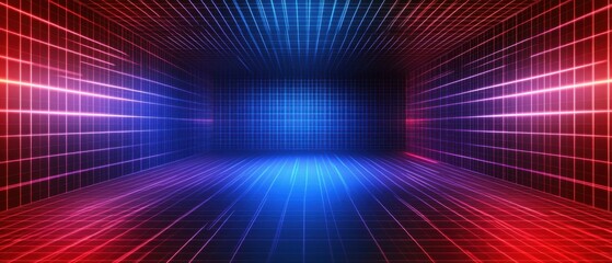 Wall Mural - abstract 3d rendering of a futuristic grid room with red and blue neon lights, creating a virtual sp
