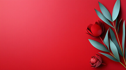 Wall Mural - Red background with a green leaf and two red flowers. Minimalistic background.