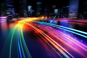 Wall Mural - colorful data streams flowing on futuristic highway in smart city at night, symbolizing speed and te