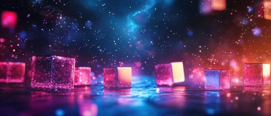 Wall Mural - abstract glowing cubes with sparkling particles floating in a cosmic space with nebula and stars, co