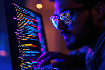 Close-up of a software developer coding on a laptop with reflections of vibrant code on glasses in a modern workspace