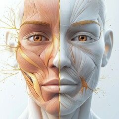 Aufkleber - Detailed anatomical illustration showing facial muscles and contours alongside nerve pathways for educational purposes. Generative AI