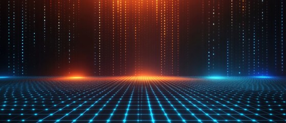 Abstract digital data stream with glowing blue and orange light particles on a grid floor, representing technology, data, and futuristic concepts
