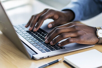 Wall Mural - Hands engaged in typing on a sleek laptop with a pen and notebook in a minimalistic workspace