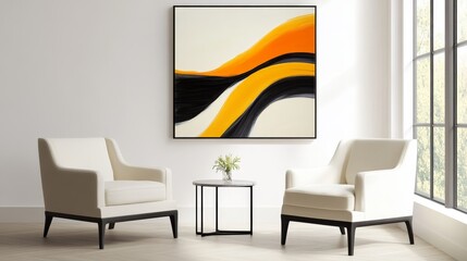 Wall Mural - Modern living room featuring abstract art on the wall, with stylish furniture and natural light