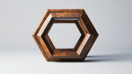 Fototapete - Unique geometric wooden structure with hexagonal shape and rustic finish in a minimalist setting. Generative AI