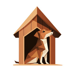 Leinwandbilder - A stylized low polygon dog sits inside a simple wooden dog house.